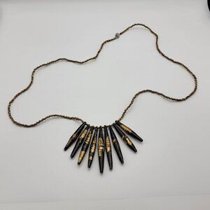 Teng Yue Black And Gold Tribal Spike Pendant Beaded Necklace 32" Boho Statement